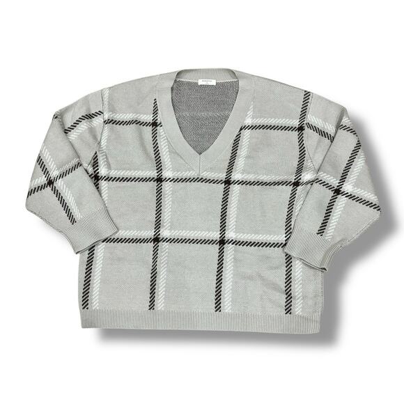 Aritzia Babaton Size XL Gray Plaid 100% Merino Wool Oversized Chunky Sweater - Picture 1 of 7